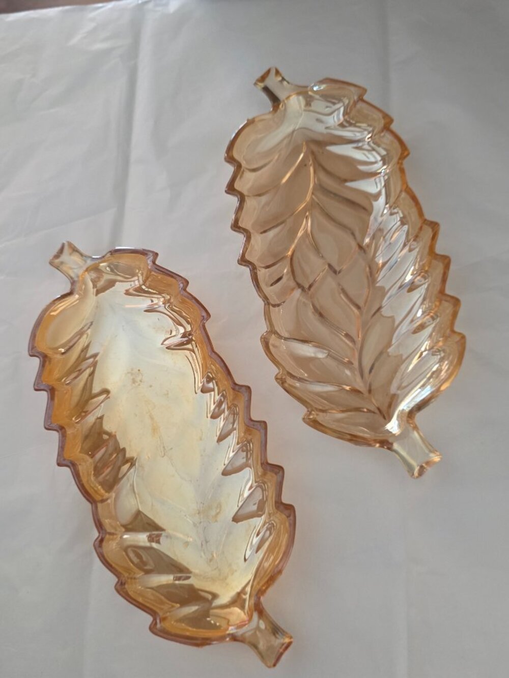 Set of two vintage Jeanette Glass marigold carnival glass double leaf dishes